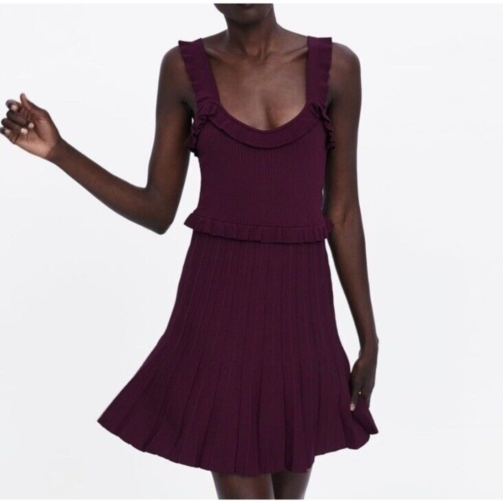 Zara Dark Purple Knit Ruffle Pleated Mini Dress Size Small